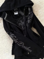 Y2K Gothic Drawstring Design Black Zipper Sweatshirt Jacket Coat Harajuku Letter Graphic Slim Hoodie Clothing