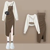 Vintage Short Knit Blouse+Split Sling Skirt 2-Piece Suit Korean Elegant Long Sleeve Top Dress Matching Set
