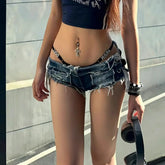 Y2K Low Rise Micro Shorts American Vintage Laced Cutout Denim Cheeky Pants Viral Retro Stitch Line Denim Shorts