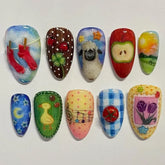 24pcs Cute Cartoon Fake Nail Tips Oil Painting Series Printed Almond Press On Nail Sweet Cool Charming False Nail