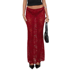 Sheer Lace Floral Long Skirt See-Through Low Rise Wrap Bodycon Skirts
