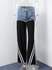 Denim Patchwork Trousers High Waist Contrast Color Striped Straight Sports Wide Leg Pants Street Lady Pants