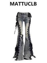 Dark Academia Goblin Core Harajuku Y2K Low Rise Lace Jeans Abi Denim Flare Pants Bell-Bottom Y2k Japanese Goth Gyaru Kpop