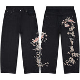 American Style Loose Jeans Gothic Punk Carp Cherry Blossom Embroidery Casual Straight Wide Leg Jeans Streetwear