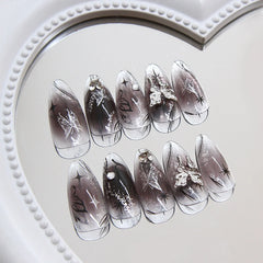24PCS Long Press On NailsStiletto Black Silver Bowknot Dissymmetry Fake Nails Powder Full Cover Fake Nail Set Nails Art