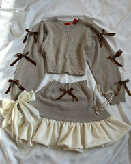 Trend Y2k Knitted Splicing Two Piece Set Bow Long Sleeve Knitted Slimming Top Mini Pleated Skirt Set