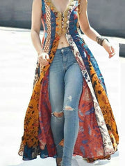 Tank Dress Floral Printing Split Indie Folk Vintage Sleeveless Casual High Street Retro V-Neck Long Dress