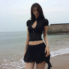 Y2k American Girls Two-Piece Suit Hollow Lace Mesh Shirt Irregular Mini Shirt Retro Causal Skirt Suits