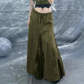 Low Waist A- Line Skirt Vintage Green Lace Patchwork Floor Length Heavy Zipper Half Body Skirt Romantic Green Wilderness Fairy T