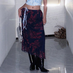 Combhasaki Y2K Retro Vintage Floral Printed High Waist Ruffled Elegant Elastic Waist Long Skirts Street Style Bottoms