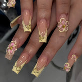 24pcs Fresh Long Coffin Fake Nails Yellow French Style Flower Printed Metal Butterfly Designs Press On Nails False Nail