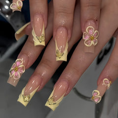 24pcs Fresh Long Coffin Fake Nails Yellow French Style Flower Printed Metal Butterfly Designs Press On Nails False Nail