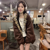 Retro American Plaid Splicing Hoodie Oversize Loose Lazy Style Open Cardigan Coat Polyester Fiber
