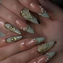 24Pcs Blue Almond Press on Nails with 3D Pearl Design Mid-length Oval False Nails Tips Bow Pattern Wearable Fake Nail