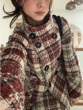 Warm Checkered Turtleneck Shoulder Straight Coat Double Breasted Full Sleeve Middle Long Coat Lady Chic Coat