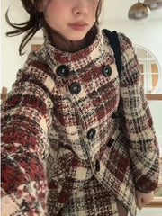 Warm Checkered Turtleneck Shoulder Straight Coat Double Breasted Full Sleeve Middle Long Coat Lady Chic Coat