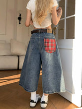 American retro plaid pocket wide-leg short jeans