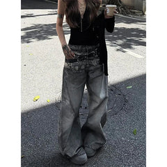 American Vintage Hip-hop High Waist Print Jeans Casual Baggy Y2K Wide Leg Grunge Streetwear Style Denim Trouser