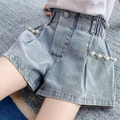 Girls Denim Shorts Korean Children's Pleated Jeans 4-12Years Teens Girls Short Jeans Pearl Decoration
