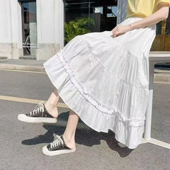 Casual Vintage Skirt Matching Chic Lady's White Skirt Sweet Girl's Cake Skirt Elastic Waist A-Line Mid Length Flare Skirt