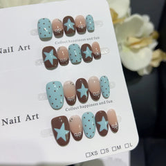 10pcs Handmade French Short Press On Nails Blue Brown Polka Dot Bow Star Design Fake Nail Wearable Nail Art Tips