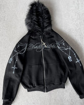 American Retro Rock Gothic Graphic Fur Collar Loose Zipper Sweatshirt Y2K Harajuku Punk Casual Joker Hoodie Streetwear