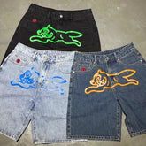 Y2k Harajuku Hip-Hop Gothic Colored Flying Dog Printed Denim Shorts High Street Loose Casual Straight Cropped Jeans