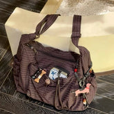 Korean Nylon Shoulder Bag Simple Plaid Zipper Tote Bag Drawstring Pleated Cloud Bag Commuter Crossbody Shoulder Bag