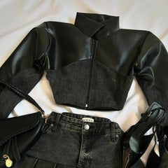 Y2K Black Leather Spliced Denim Two Piece Set Harajuku Zipper Long Sleeved Jacket Pleated Skirt Motorcycle Suit