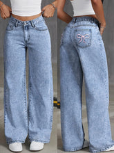 Back Pocket Bow Embroideredable Wide Leg Pants Versatile Washed Denim Trousers