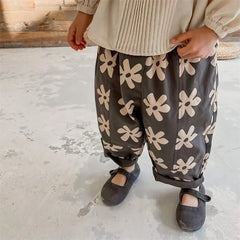 1639C Children Pants Flower Print Girl's Pant Washed Cotton Harem Pants 1-7Year Boy's Casual Pants Trousers