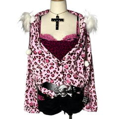 Y2k kawaii pink leopard print plush warm zipper sweatshirt high street Harajuku cute casual zipper hoodie
