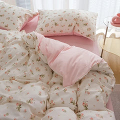 Pink Flowers Duvet Cover Set Ins Single Queen Size Girls Boys Flat Sheet Pillowcase No Filler Home Decor Bedding Set