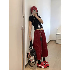 Red Gothic Cargo Jeans Vintage Korean 90s Y2k Denim Trousers Harajuku High Waist Cowboy Shorts 2000s Clothes