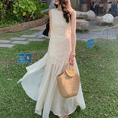 White Sleeveless Waist Skirt High End Dress Temperament Light Luxury Skirt
