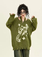 American Green Bow Neck Sweater Loose Print Pattern Vintage High Street Lazy Wind Knitted Sweater