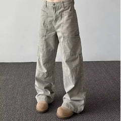 American Retro High Street Pocket Design Jeans Loose Casual Straight Leg Vibe Wide Leg Floor-Length Trendy Pants