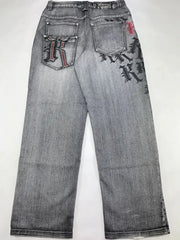 American Harajuku Vintage Print Jeans Y2K Washed Gray Straight Pants Street Gothic Loose Unisex Trousers Tide