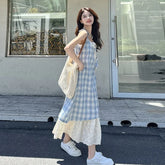 Plaid Fake Two Piece Suspender Dress Retro Loose Long Dress