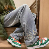 Flame Embroidery Jeans Neutral Wide Leg Denim Trousers Loose Straight Jeans Youth Casual Baggy Hip Hop Pants