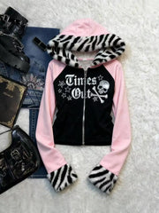 Retro Y2K American Spice Girl Coat Leopard Print Powder Black Contrast Stitching Skull Letter printed Hooded Sweater