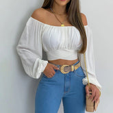 Off Shoulder Shirts Puff Long Sleeve Y2K Crop Tops Clothes Black White Blouse Bandage Elegant Shirt