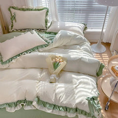 Green Princess Bedding Set Double Layer Lace Bow Quilt Cover Sheet