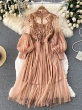 Ladies Dress Three-dimensional Flower Hook Mesh Temperament Stand Collar Lantern Sleeve High Waist Slim Dresses