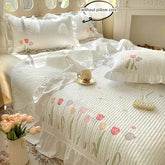 Quilt Bedding Set,white Lightweight Soft Bedspread, embroidery tulip Coverlet Sets,3 Piece(1 Quilt,2 Pillow Shams