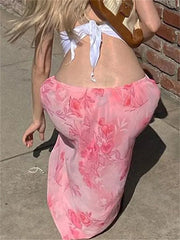 Floral Long Skirts Low Waist Chiffon Flowy Straight Skirt Fall Bohemian Casual Retro Skirts