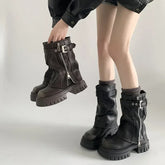 Biker Boots Belt Buckle Ladies Elegant Platform Long Pipe Booties Casual Knee High Booties2025