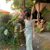 Mint Wave Style Floral Print Dress Tea Break Small Fly Sleeve Long Skirt French Style Slimming Elegant Gown