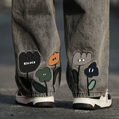 Y2K Flower Printed Baggy Jeans Streetwear American Casual Denim Wide-leg Pants Hombre Vintage Straight Trousers