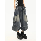 American Style Vintage Washed Workwear Denim Shorts with Multiple Pockets Pleated Design Loose Drapey Seven-Foot Pants
